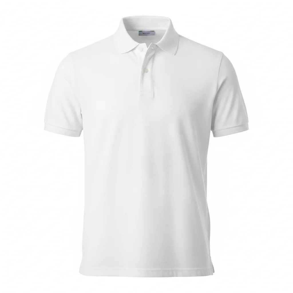 White polo shirt ghost mannequin with ribbed collar and button placket