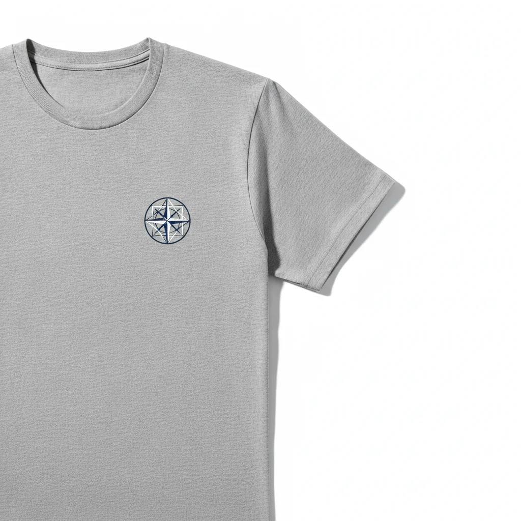 Grey t-shirt with printed chest graphic on white background