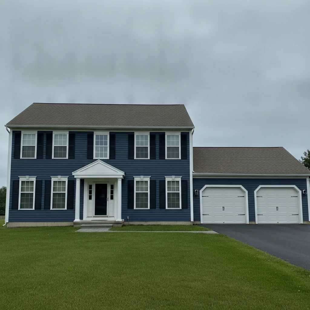 Same home with deep navy fiber cement siding, white trim and shutters preserved