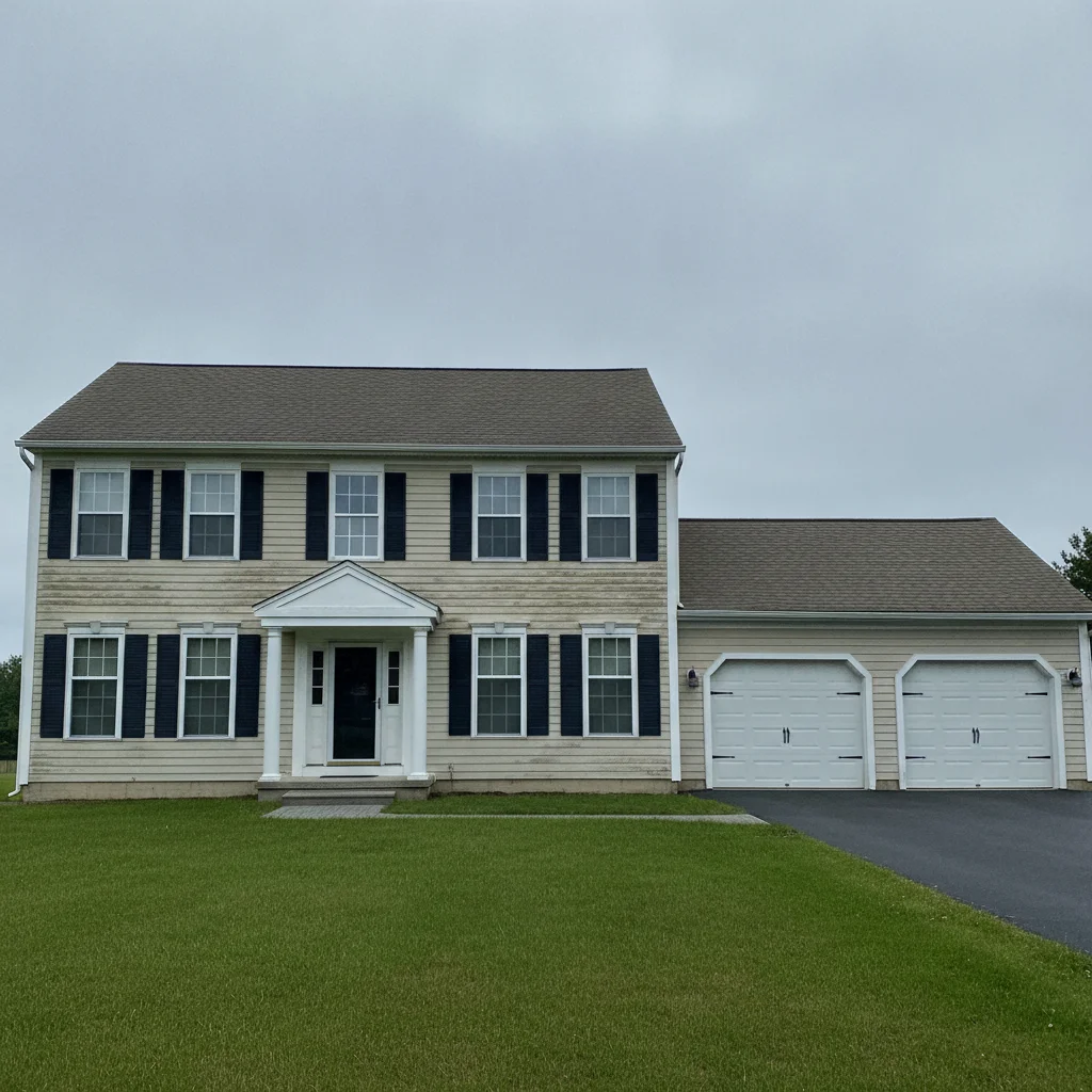 Colonial home with faded beige vinyl siding, white trim, black shutters