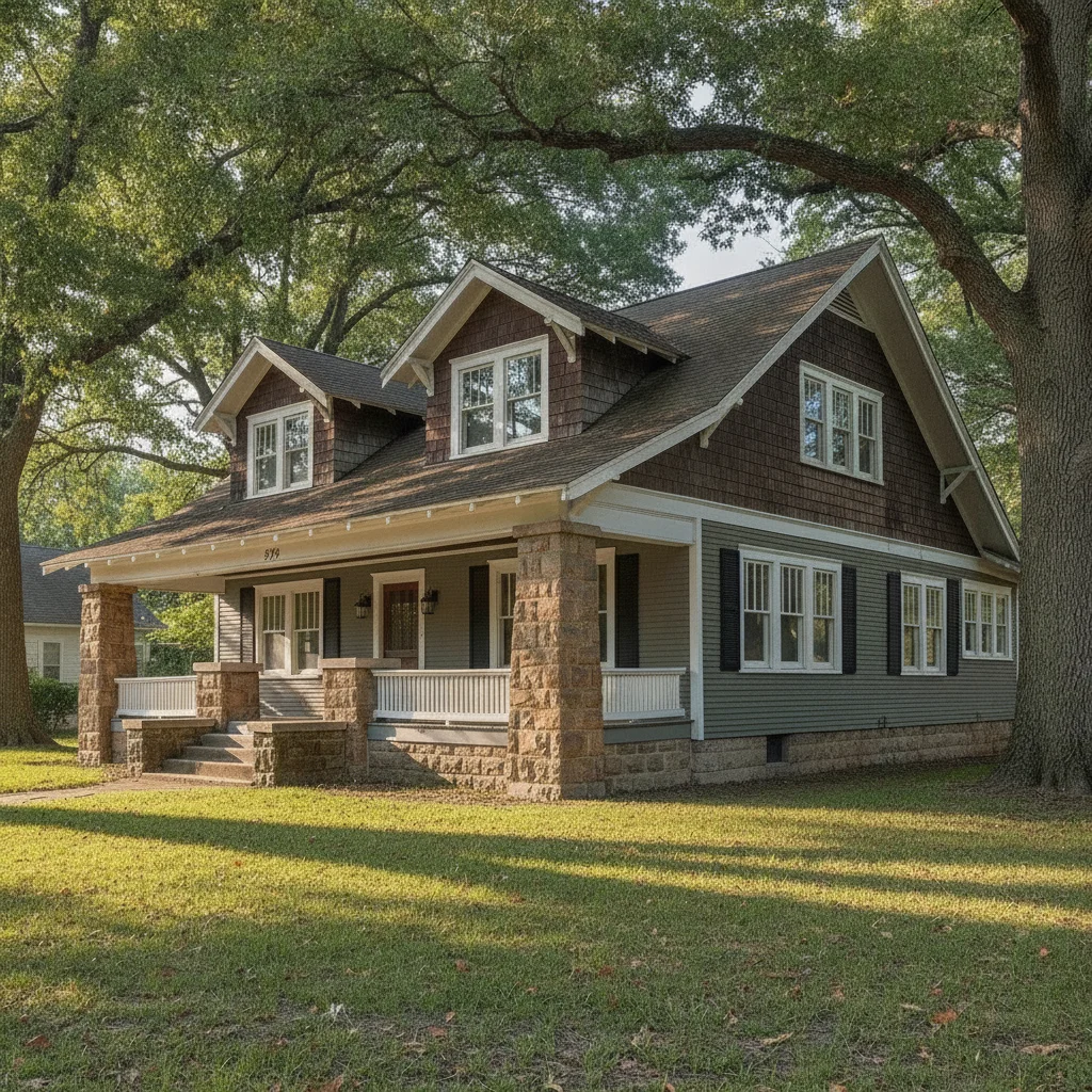Same home with muted sage green siding, trim and stone columns unchanged