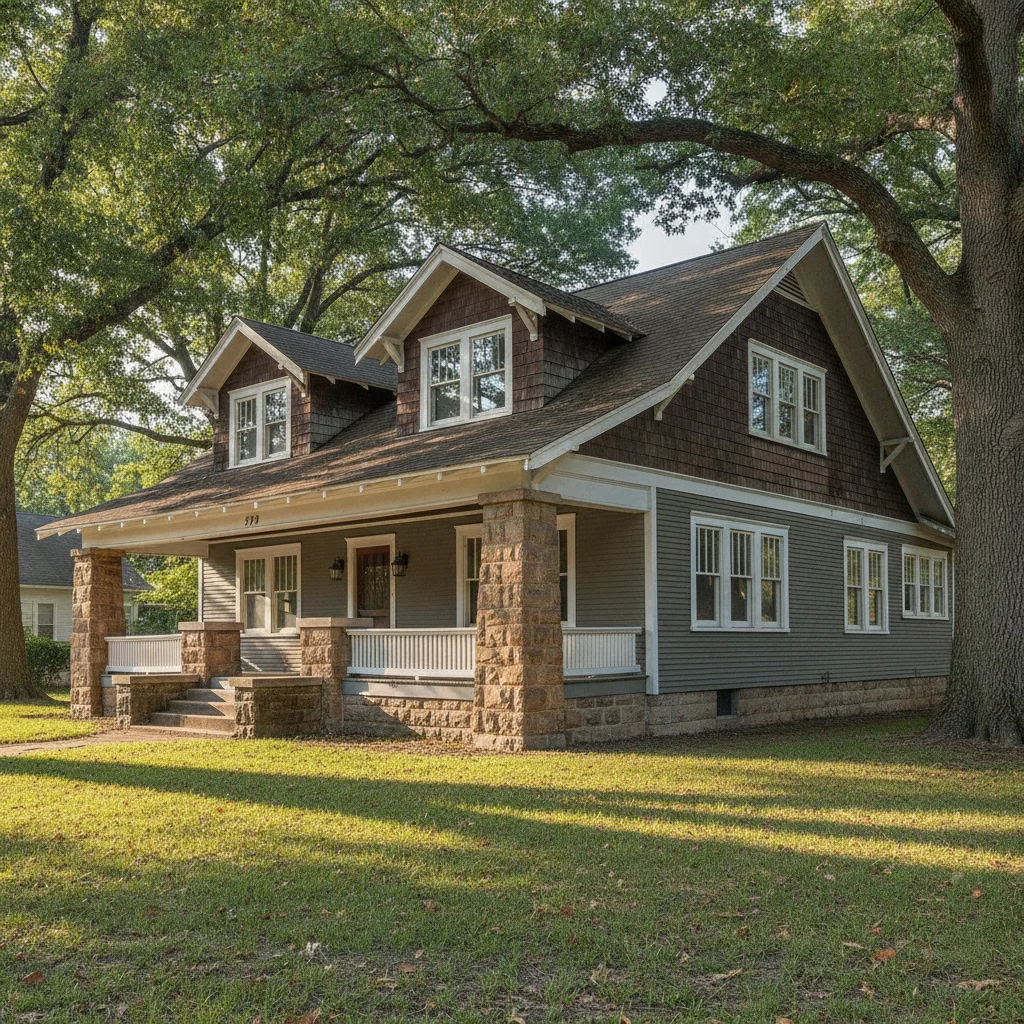Craftsman bungalow with faded gray siding, stone porch columns, morning light
