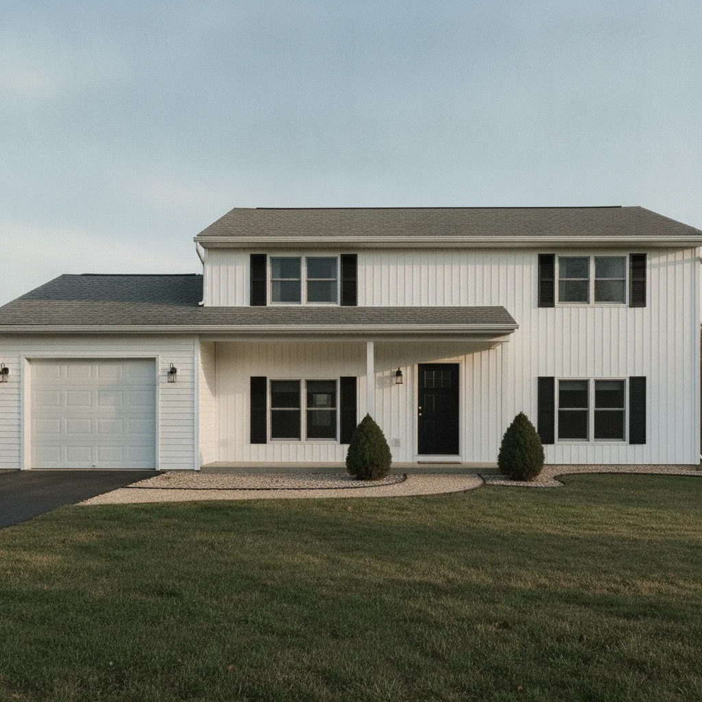 Same house with white board and batten vertical siding, roof and casings unchanged