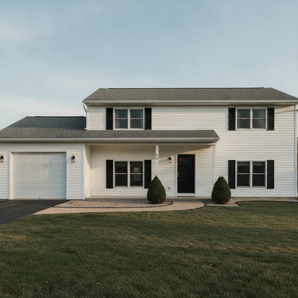 Ranch house with white horizontal lap siding, gray roof, black casings