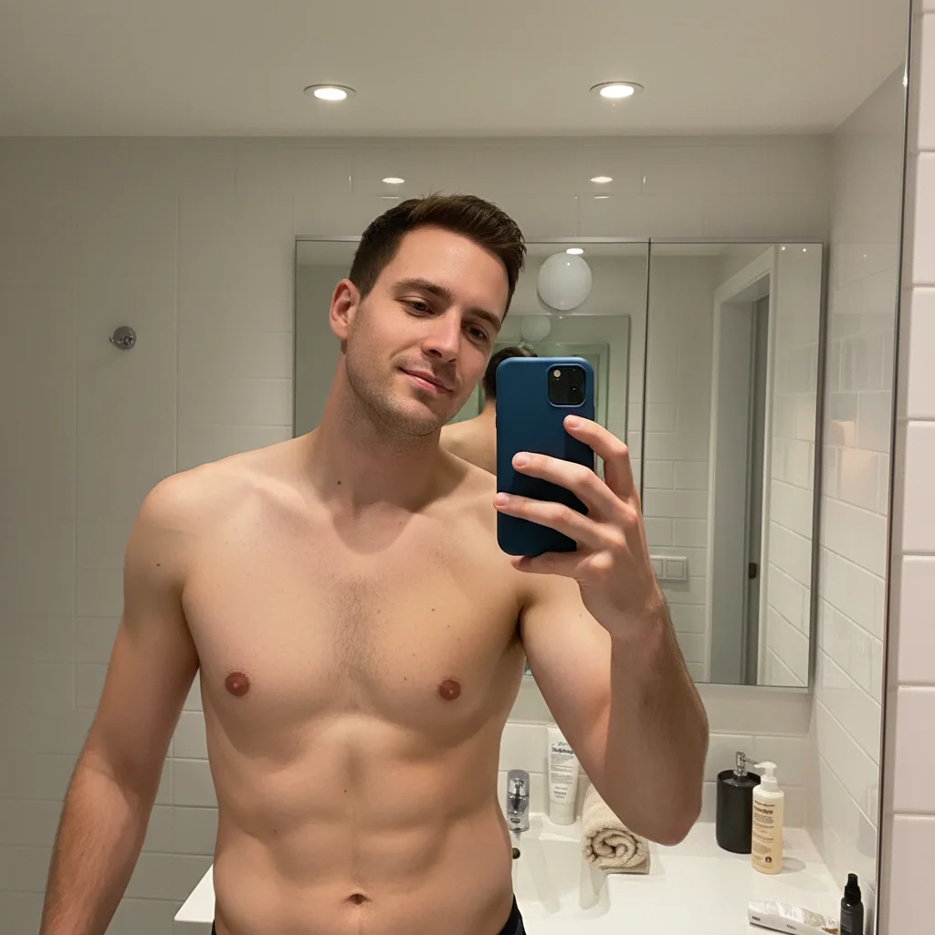 Shirtless man with no visible abs before AI editing