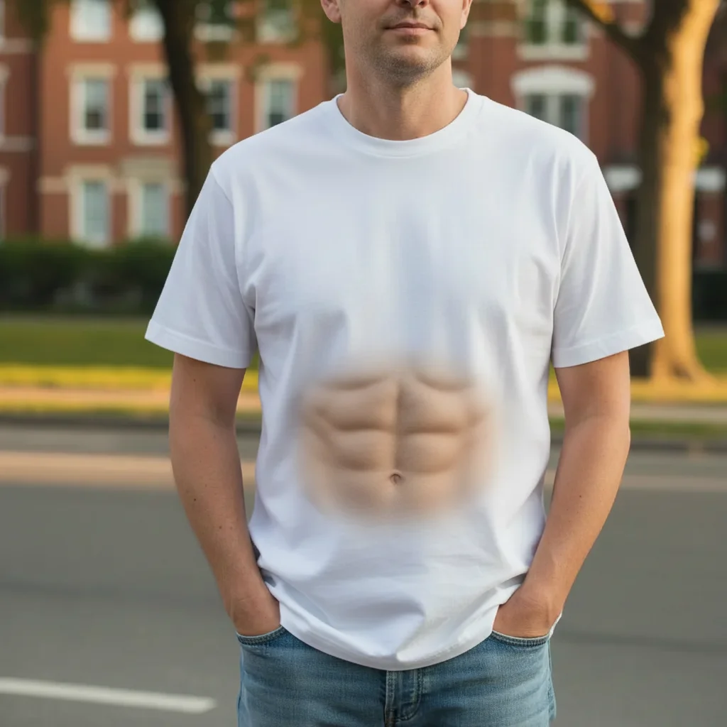 Same man with six pack abs visible through fitted t-shirt after AI editing