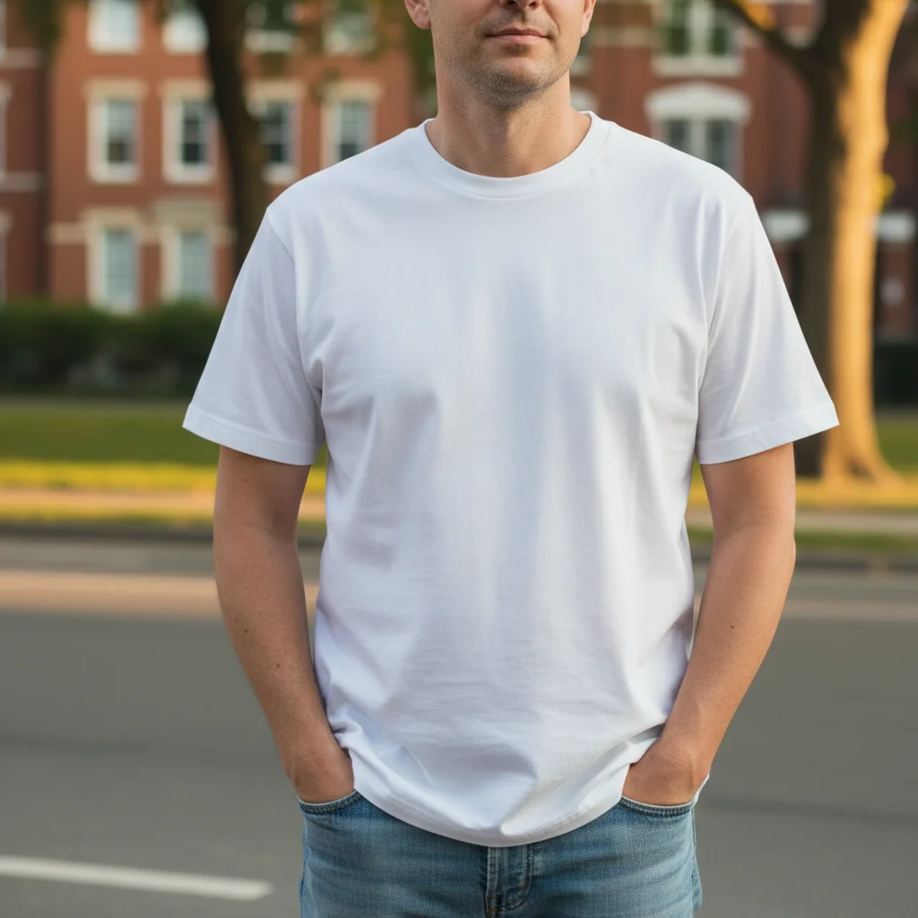 Man in a white t-shirt before AI abs edit
