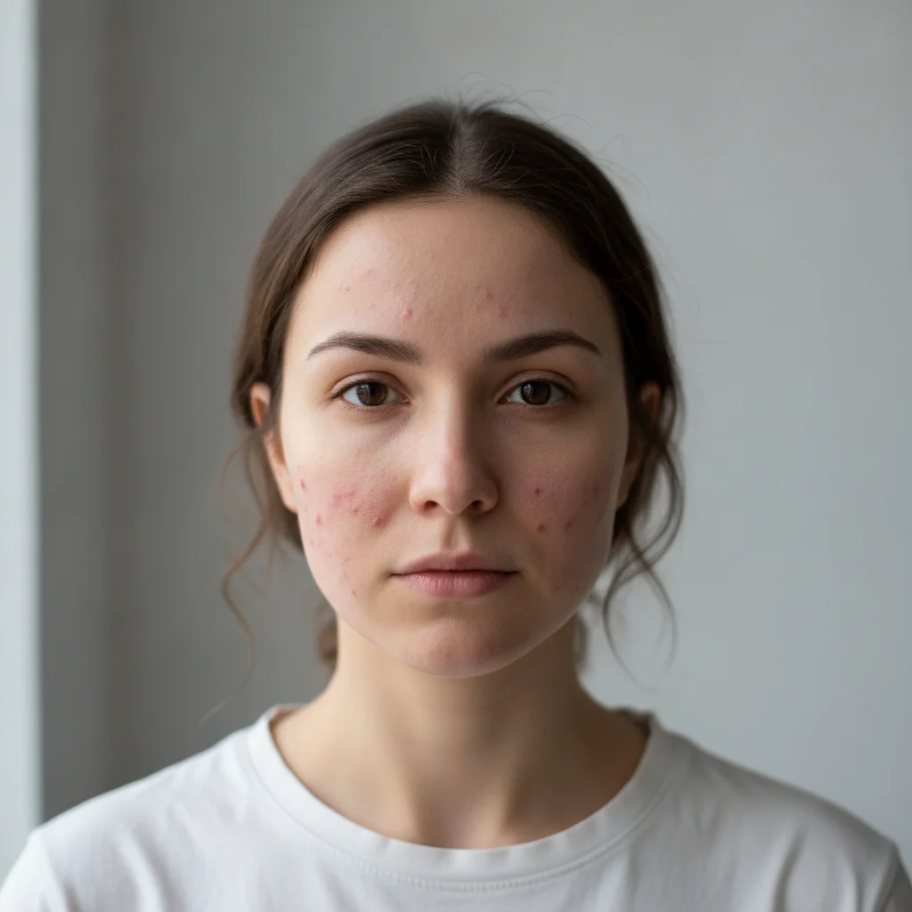 Portrait showing visible acne redness on cheeks and forehead