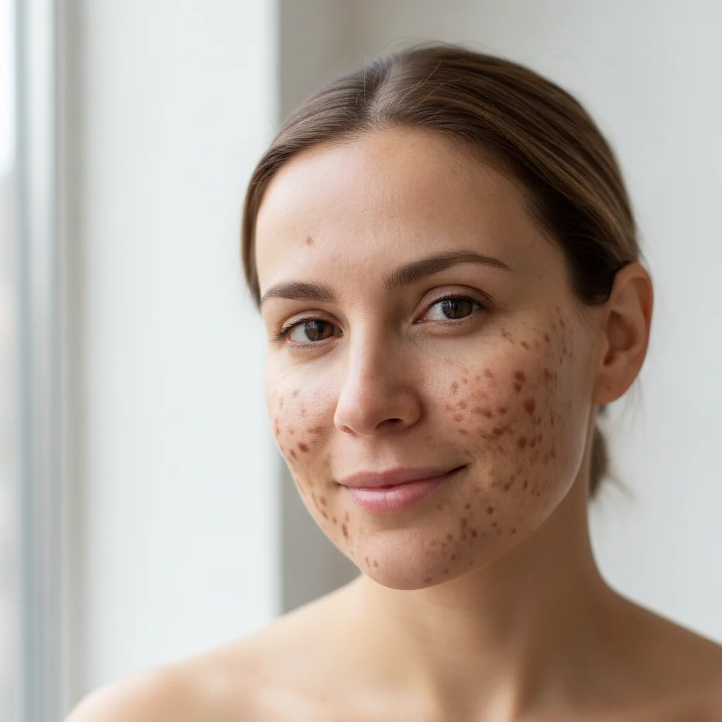 Portrait with visible brown hyperpigmentation spots on both cheeks