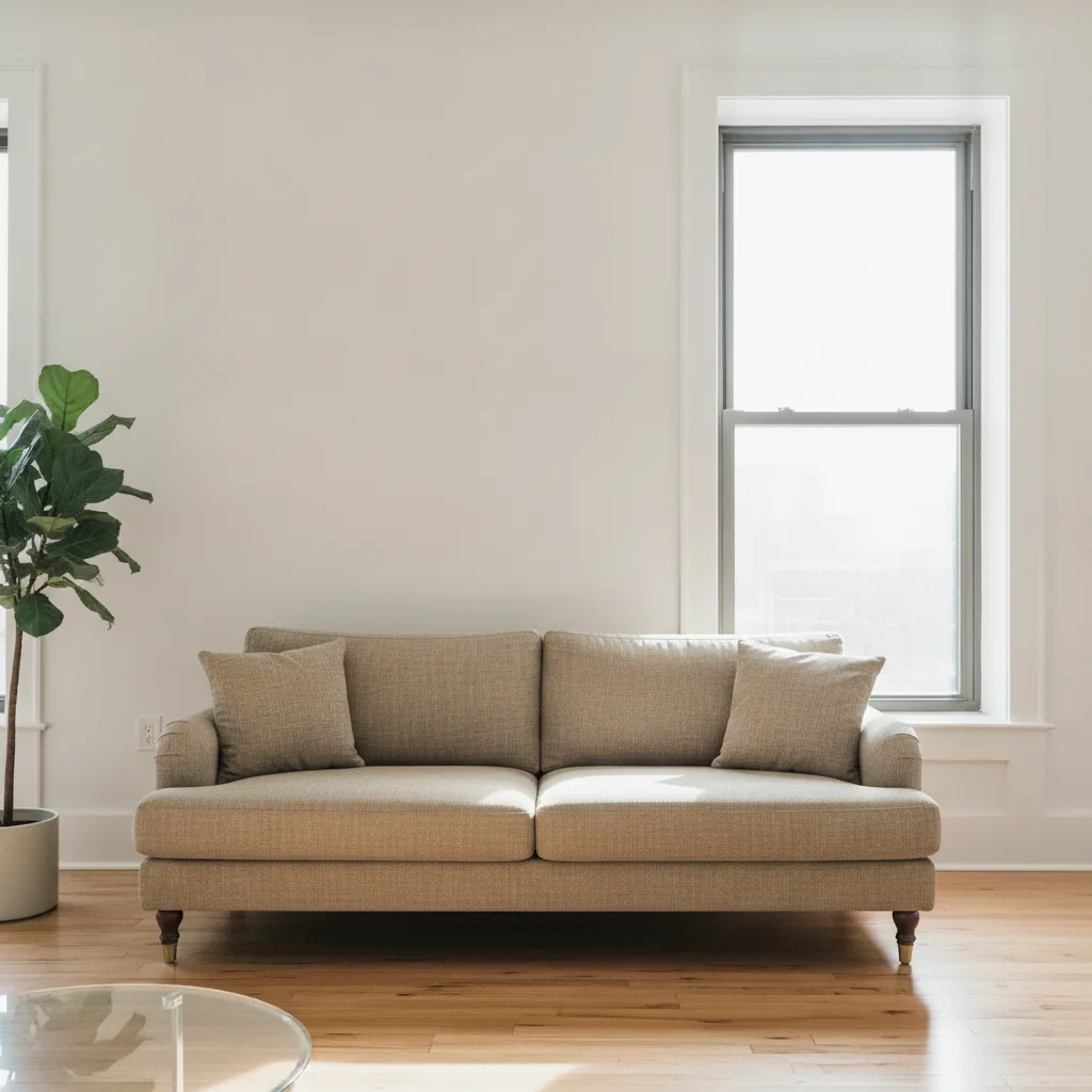 Same living room with sofa changed to warm greige linen, room lighting preserved