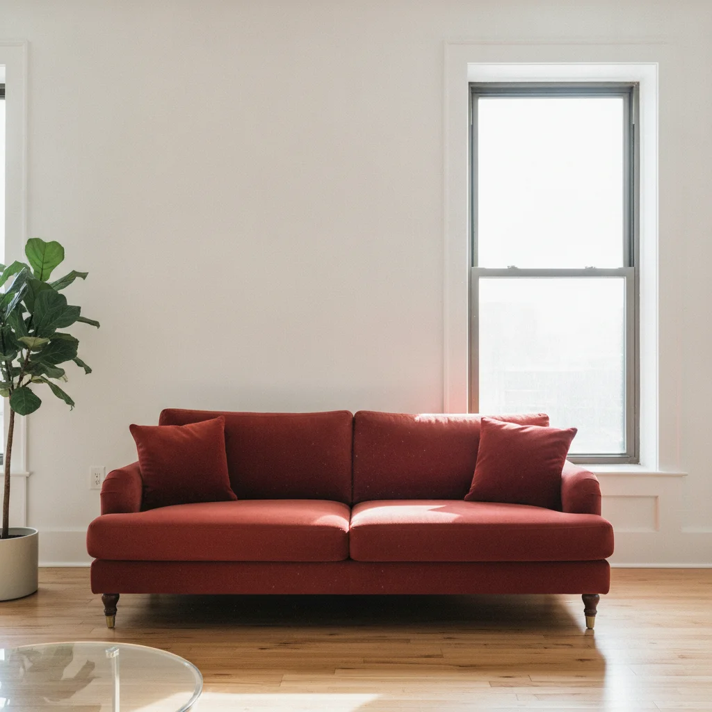 Living room with bold red velvet sofa and white walls