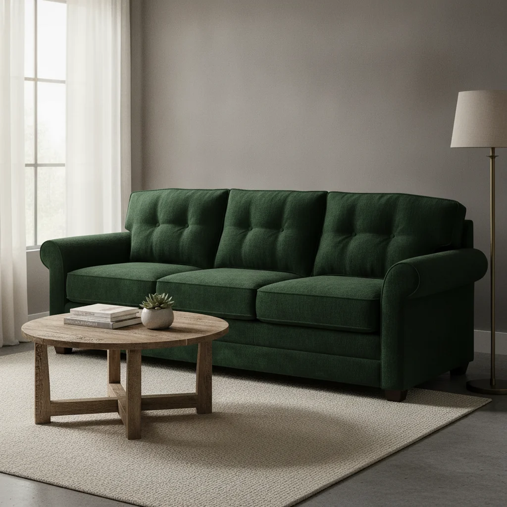 Same living room with sofa changed to deep forest green velvet, tufting preserved