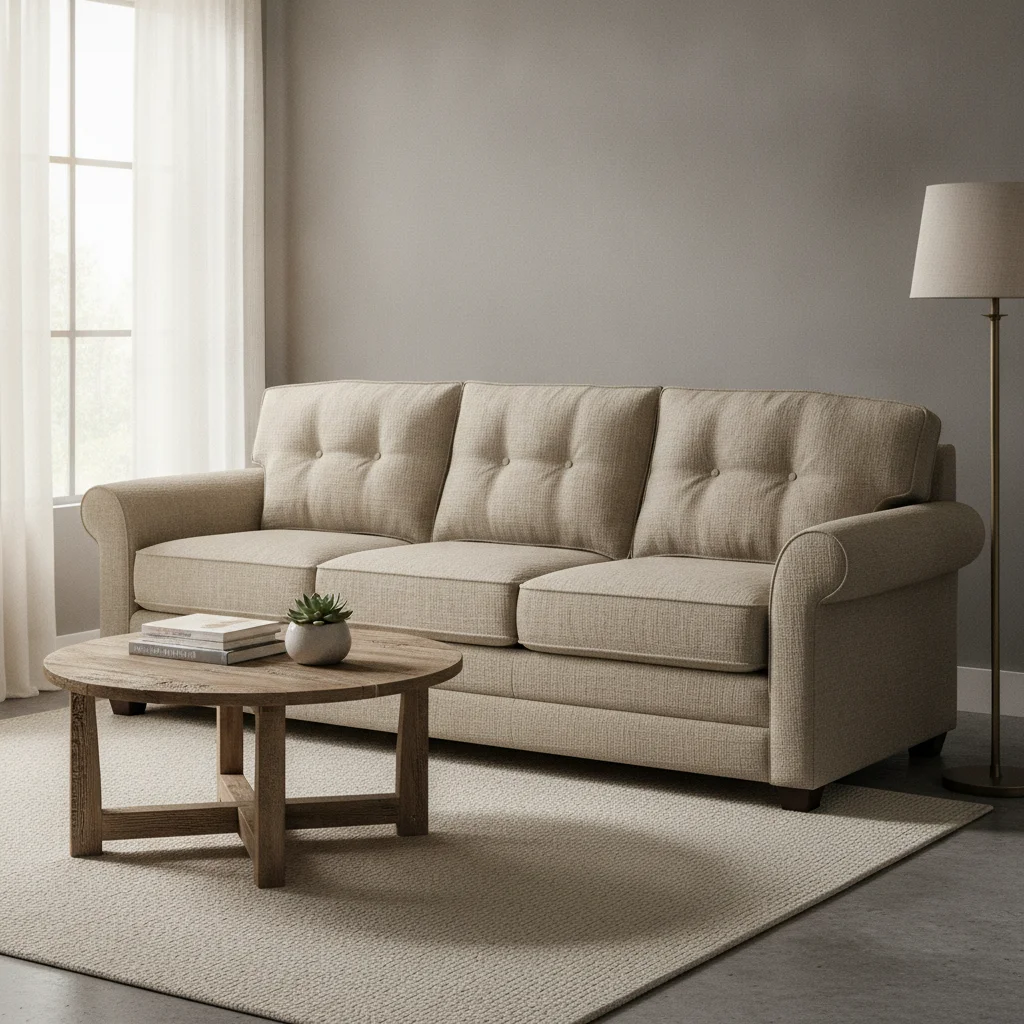Living room with beige linen sofa and neutral grey walls