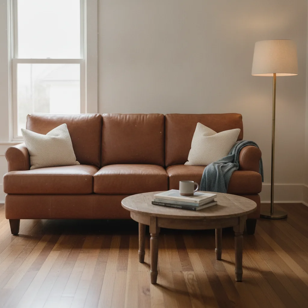 Same living room with sofa changed to cognac leather with natural crease lines