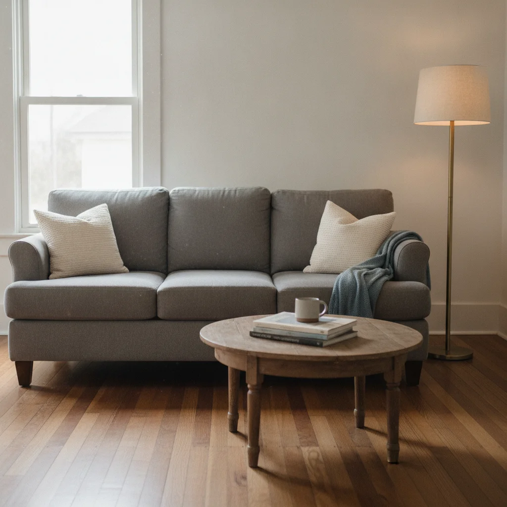 Living room with medium grey fabric sofa on walnut hardwood floors