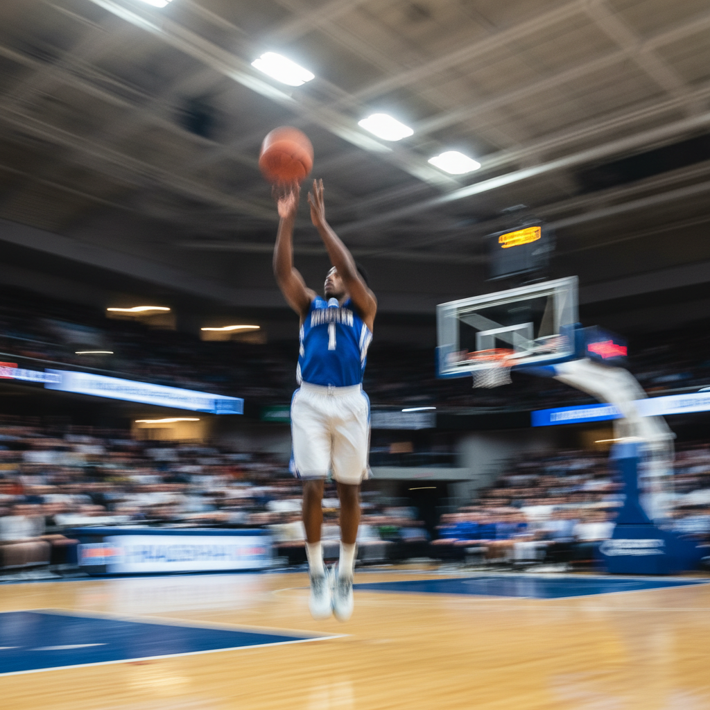 Blurry basketball player jumping for shot with motion blur