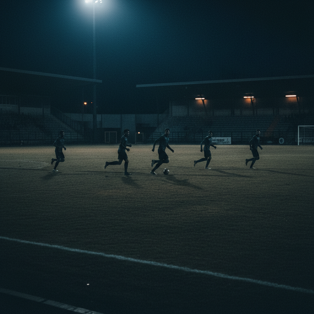 Dark underexposed soccer players during evening game