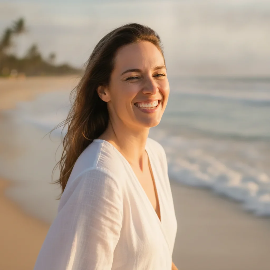 Same woman with eyes fully open and natural, beach lighting and smile unchanged