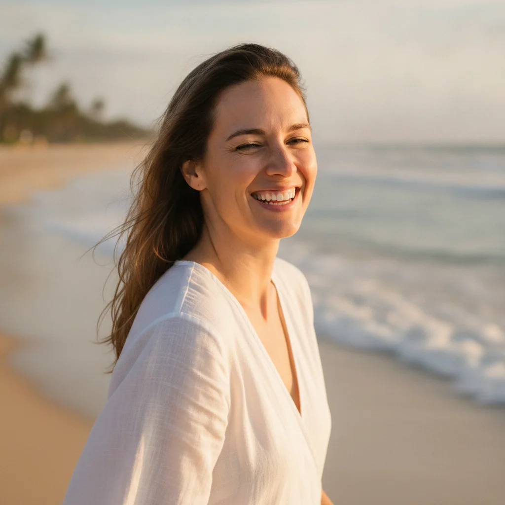 Woman squinting heavily at the beach with eyes nearly half-closed from sun