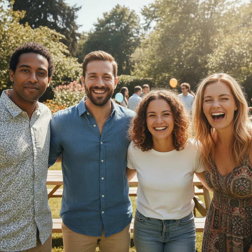 Group of four people outdoors, one person on the right squinting heavily