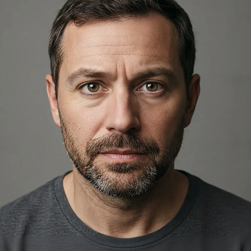 Same man with both eyes evenly open and matching, natural expression