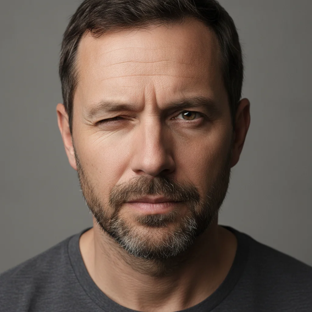Man with left eye noticeably more squinted than the right, asymmetric expression