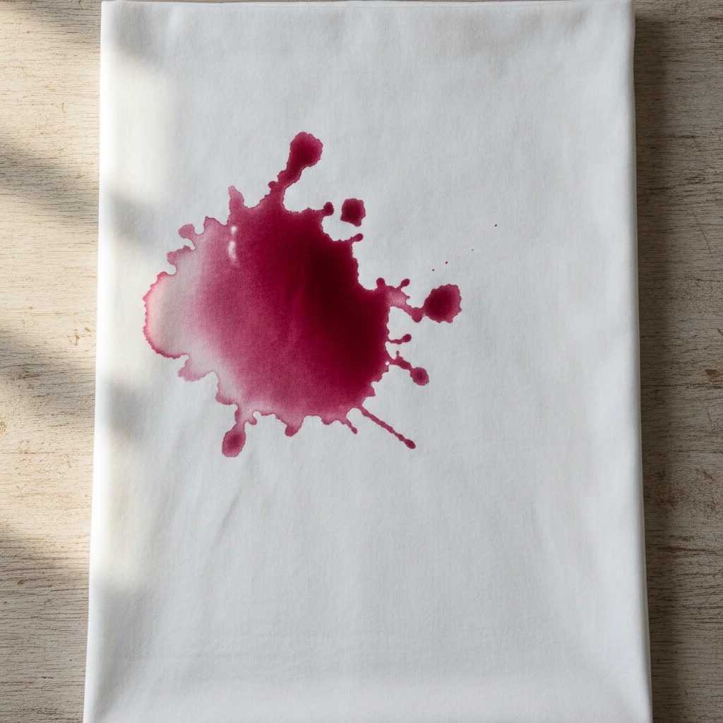 White dress shirt with large red wine stain on the left chest