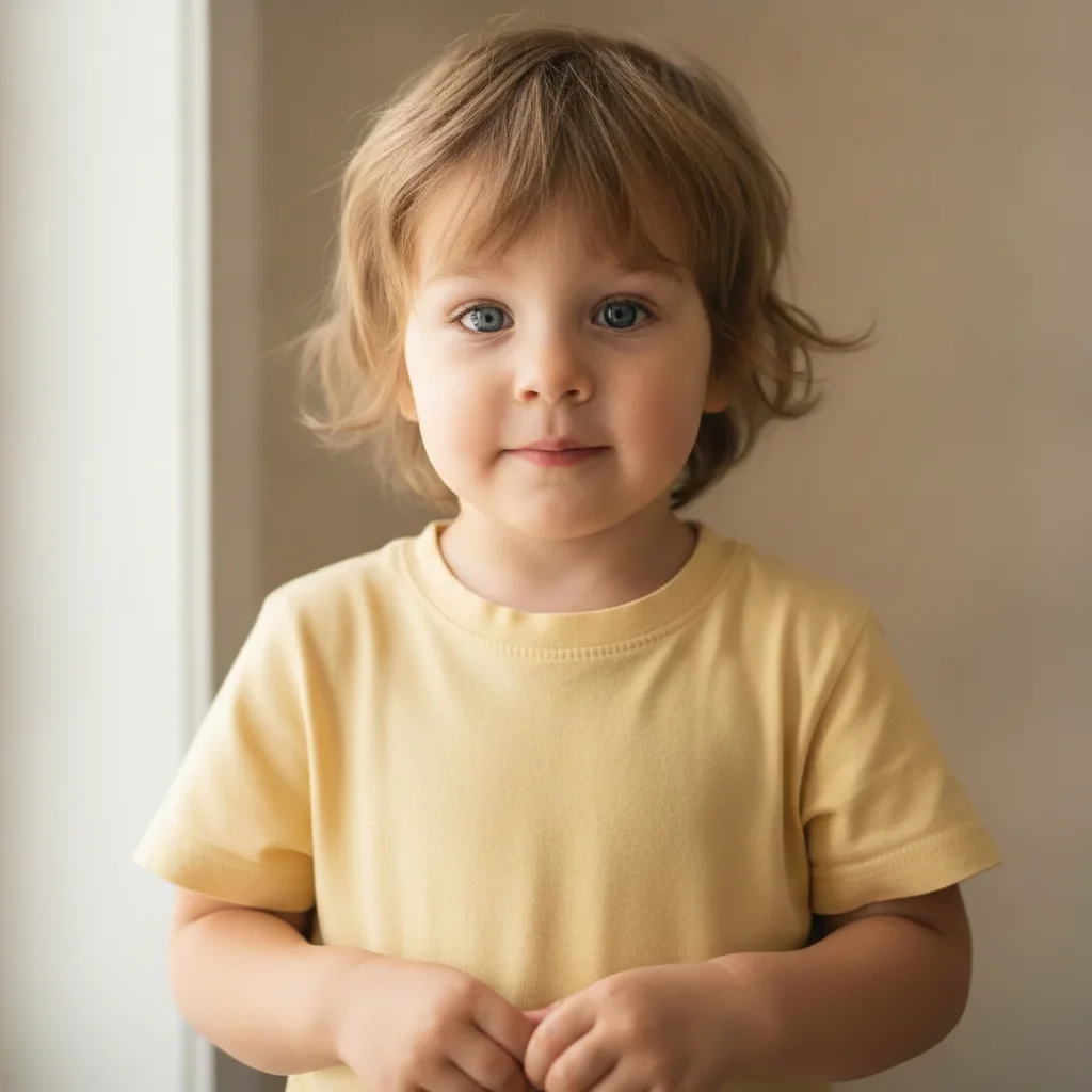 Same child with the stain removed and clean yellow fabric restored