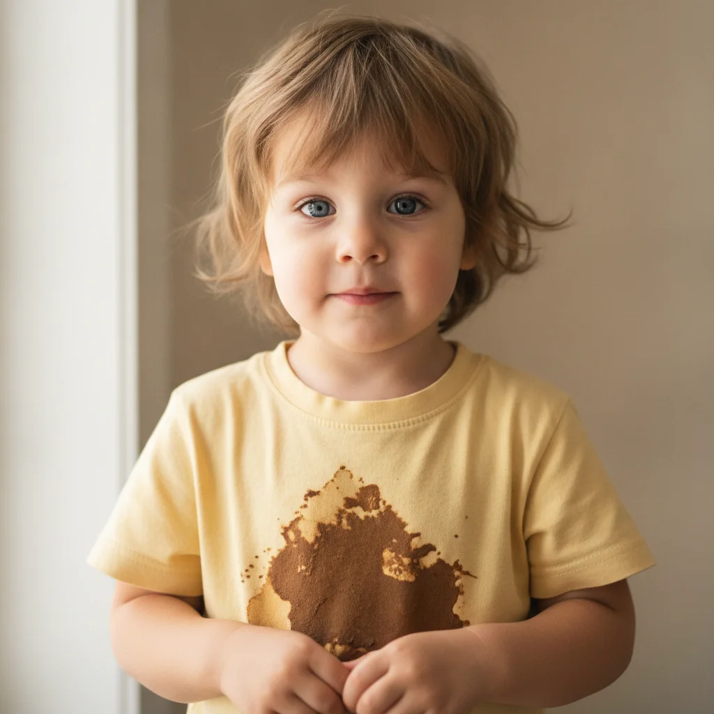 Child in yellow cotton shirt with dark brown coffee stain on the chest