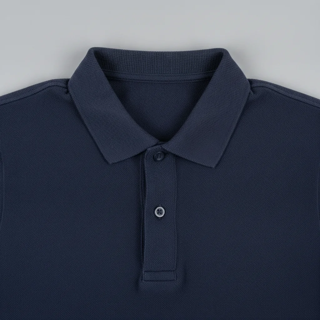 Same navy polo with the stain removed and matte fabric finish restored