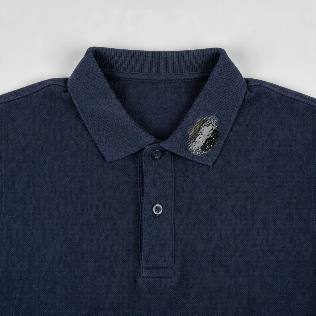 Navy polo shirt flat-lay with greasy stain near the collar