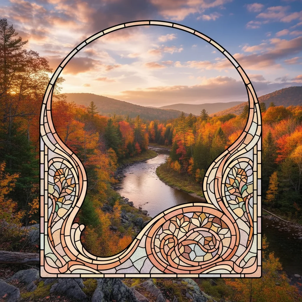 Landscape as Art Nouveau stained glass with flowing lines