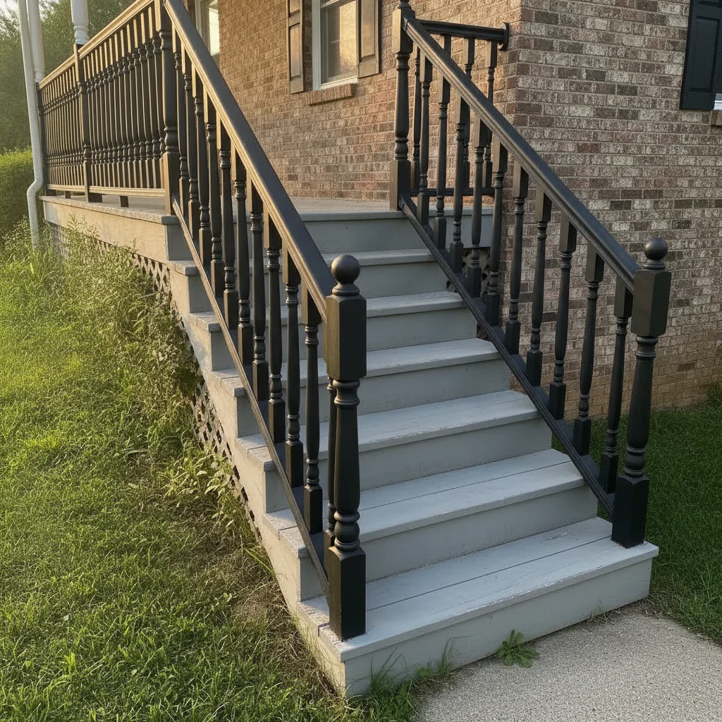 Same stairs with black cable railing, 5 horizontal cable runs, house unchanged