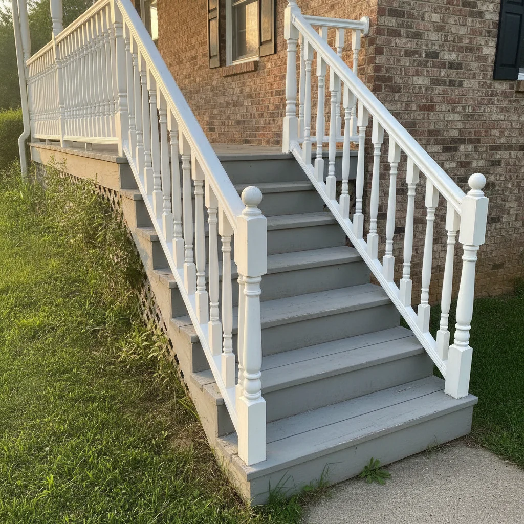 Front porch stairs with white wood spindle railing, brick facade, afternoon sun
