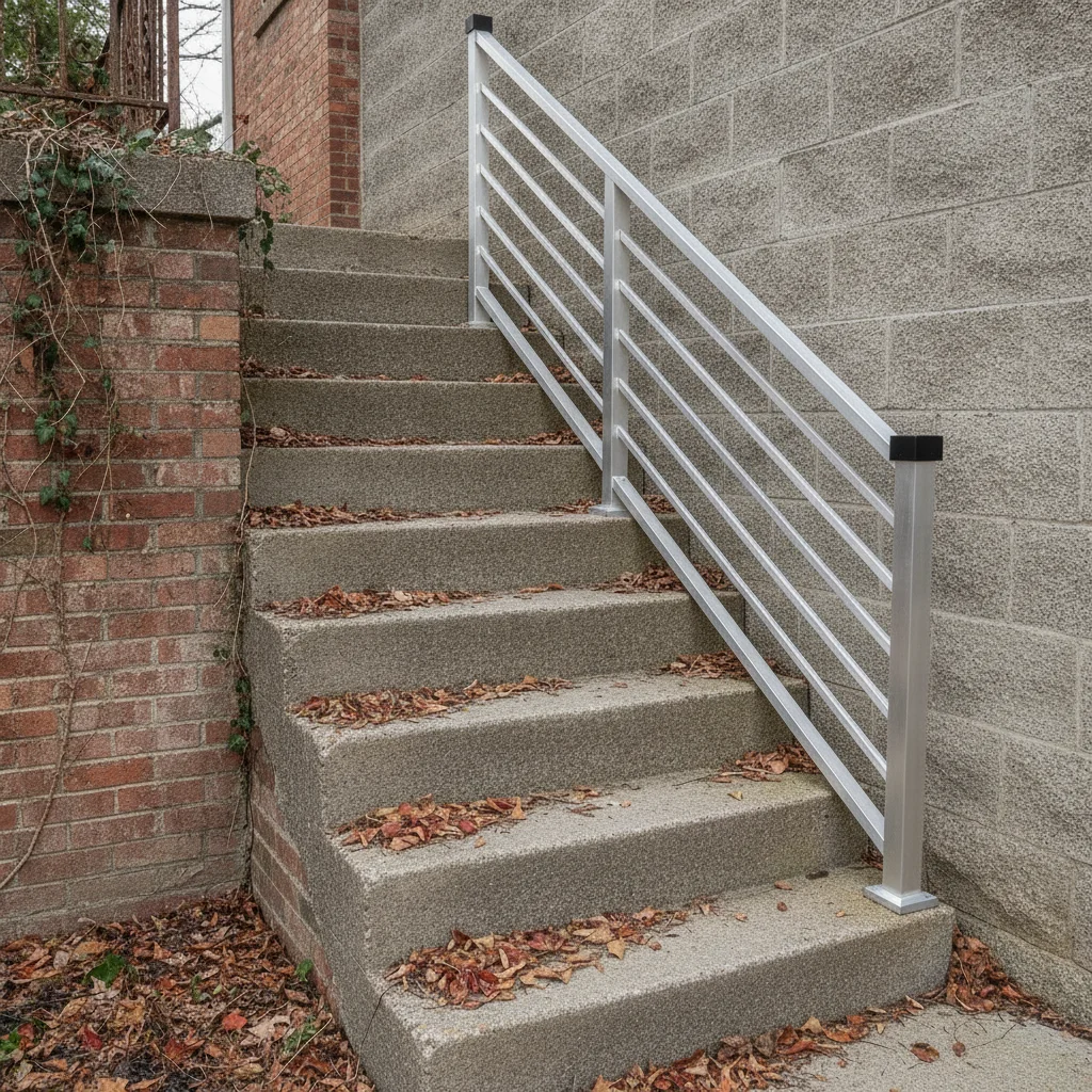 Same stairs with brushed aluminum horizontal flat bar railing, clean post caps