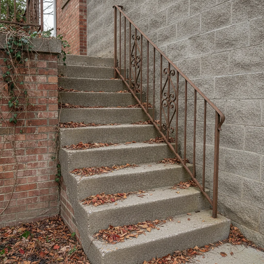 Concrete stairs with rusty ornamental iron railing, brick retaining wall, overcast light