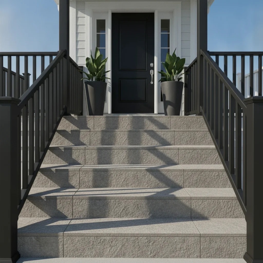 Same stairs with matte black railing, style preserved, plants and tile unchanged