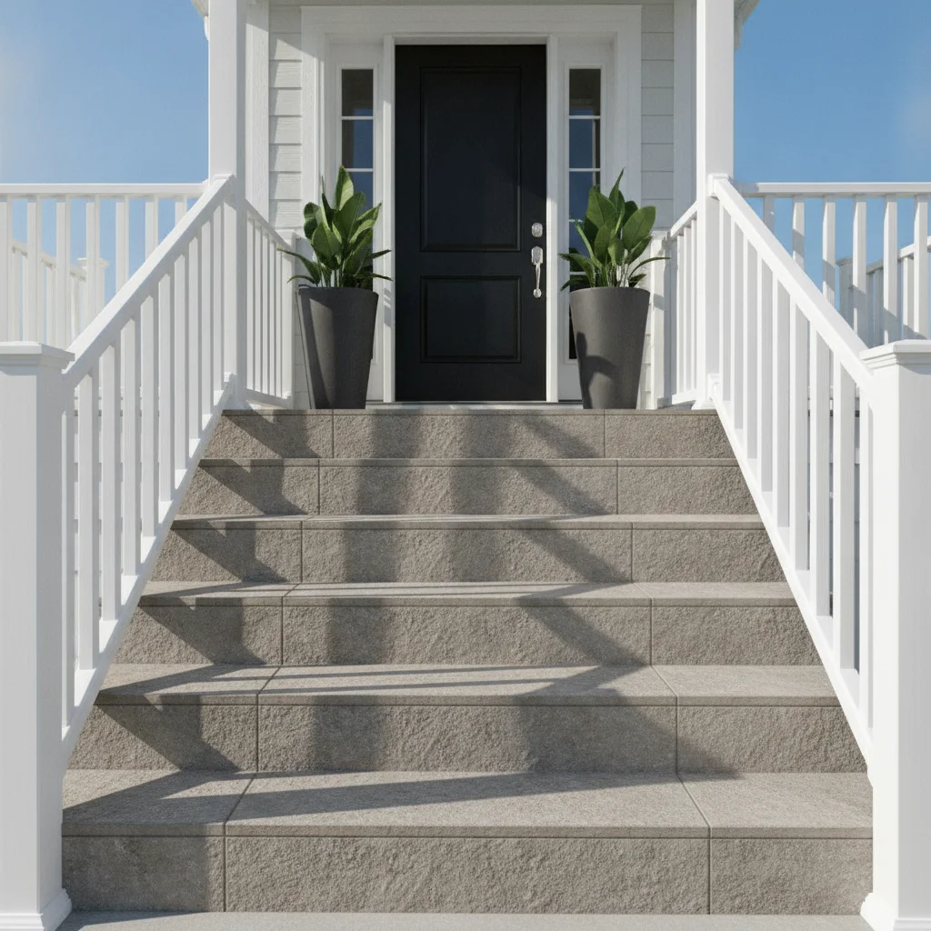 Front entry stairs with white composite railing, potted plants, stone tile steps