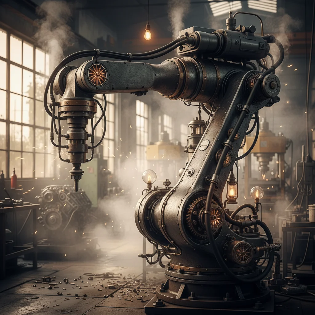 Dark steampunk scene with iron gears and smoke