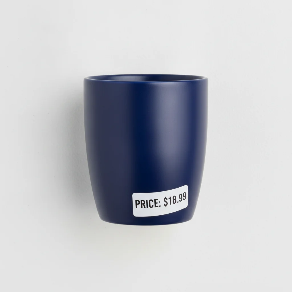 Dark ceramic mug with white rectangular price sticker on the bottom right