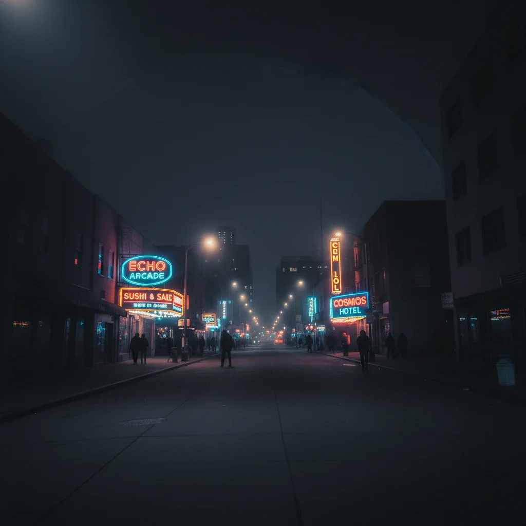 Same street photo with dramatic deep contrast and vivid neon highlights