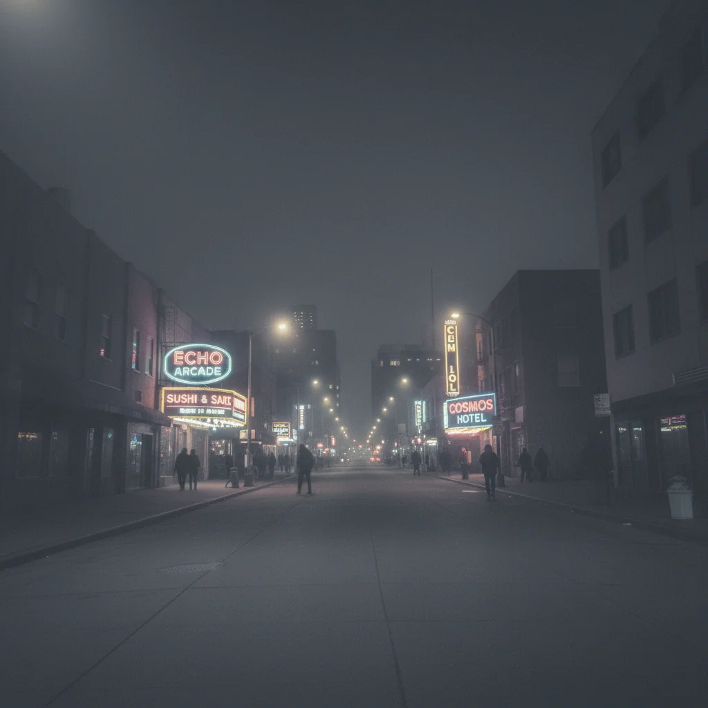 Flat washed-out nighttime street photo with weak neon colors