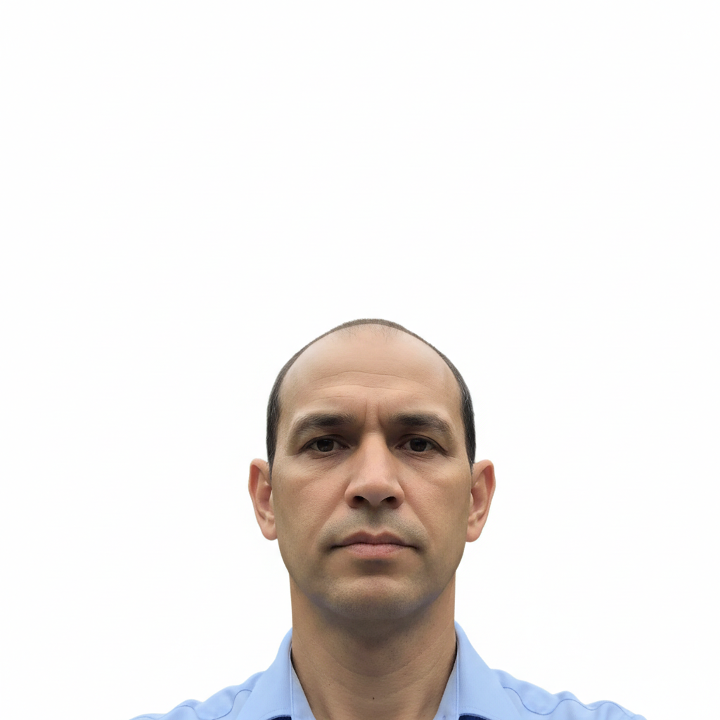 Same man with solid blue background student ID photo