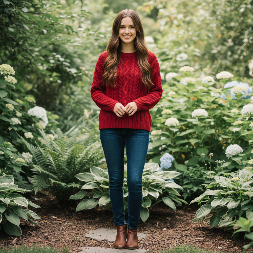 Young woman in red sweater in garden setting