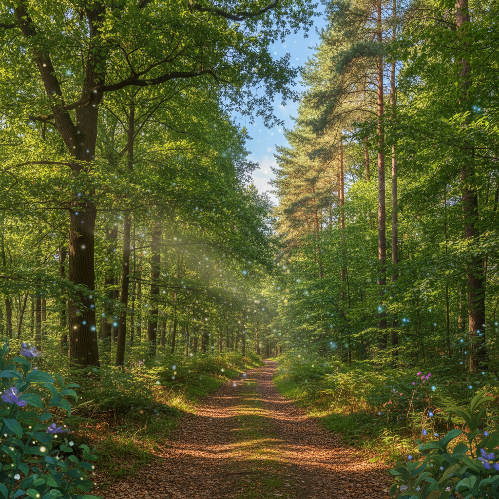 Same forest transformed to magical Ghibli style with floating particles and ethereal lighting