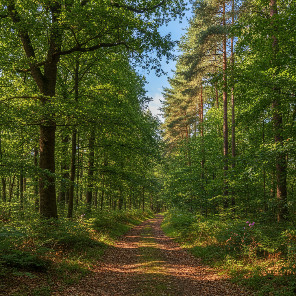 Forest path with green trees and dappled sunlight