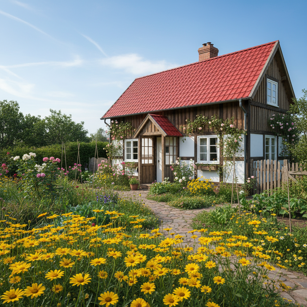 Small wooden house with garden and yellow flowers