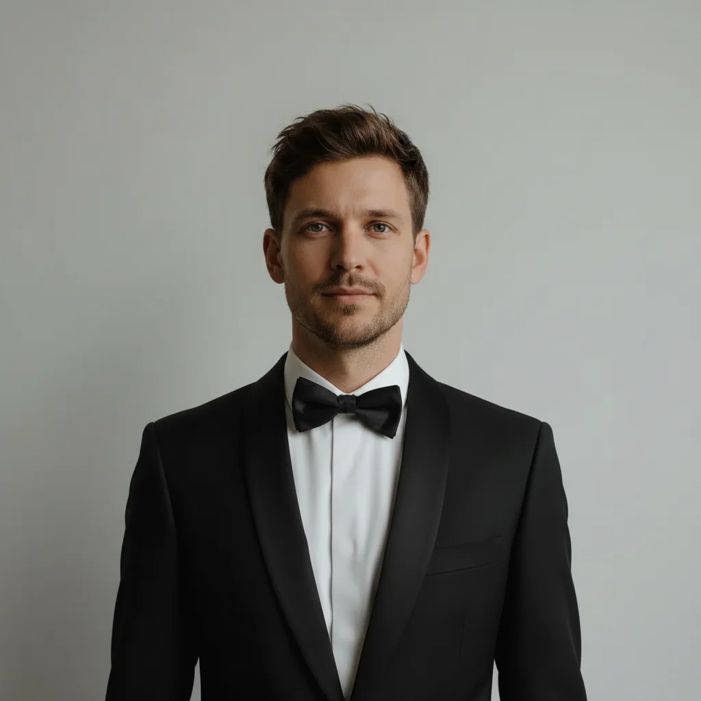 Same man wearing a classic black tuxedo with bow tie
