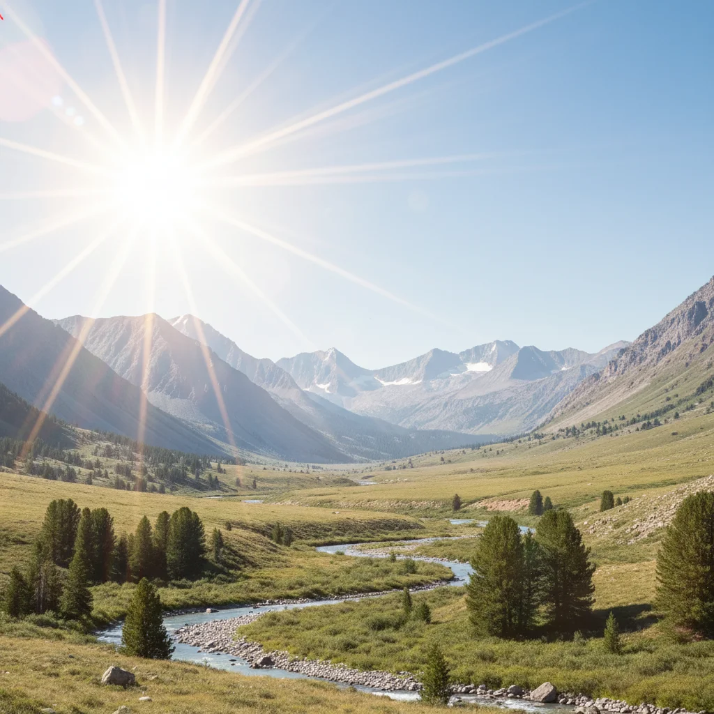 Mountain landscape with dramatic sun rays and golden glow