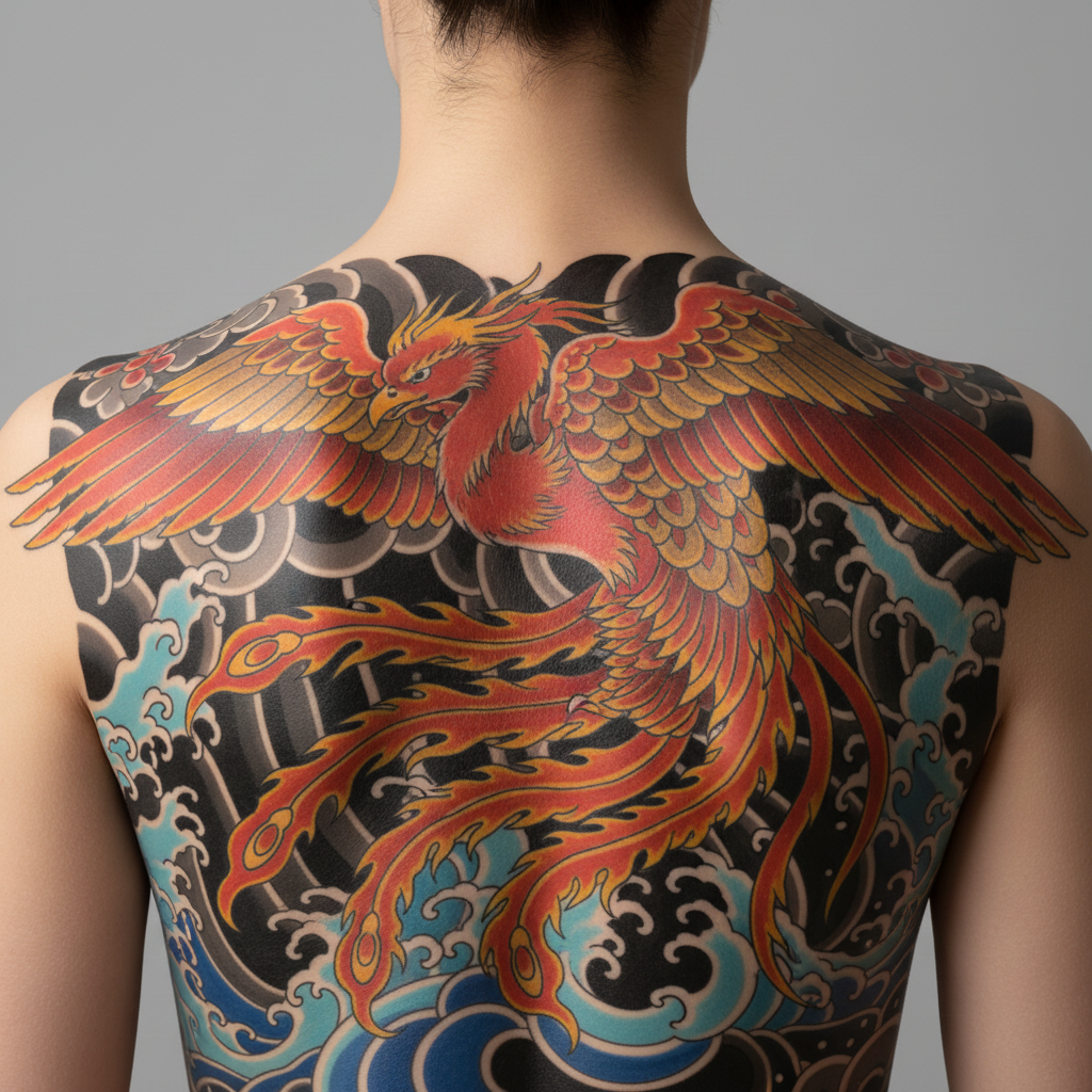 Full back with large Japanese phoenix tattoo in red and gold